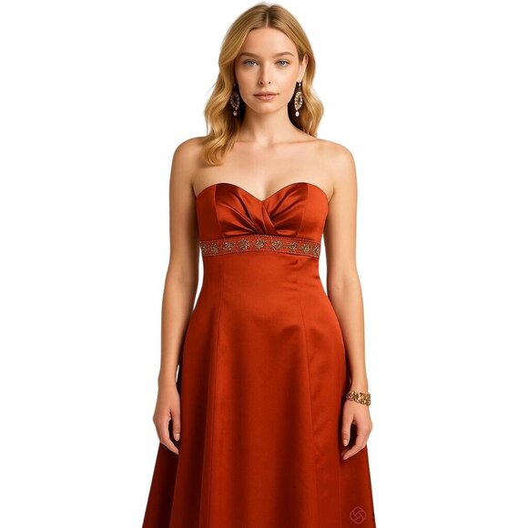 Bronze Satin Strapless Gown Beaded Empire Waist Pleated Bust Bridgerton 14 New - Picture 1 of 12